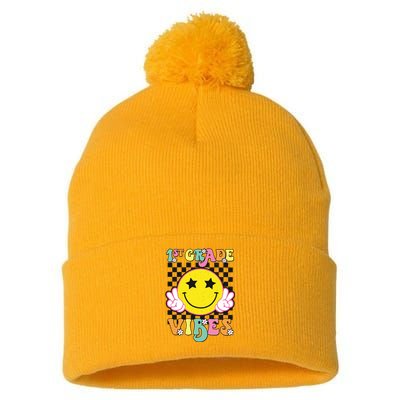 Girl 1st Grade Vibes Smile Face Back To School First Grade Pom Pom 12in Knit Beanie