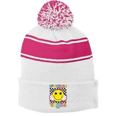 Girl 1st Grade Vibes Smile Face Back To School First Grade Stripe Pom Pom Beanie