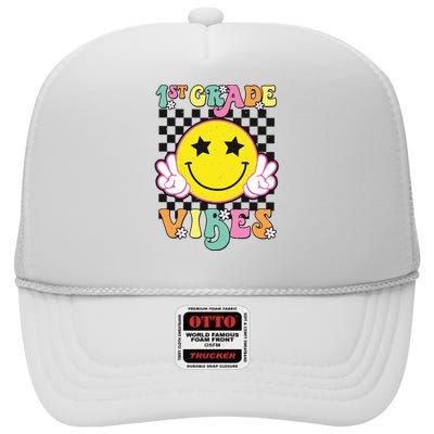 Girl 1st Grade Vibes Smile Face Back To School First Grade High Crown Mesh Back Trucker Hat