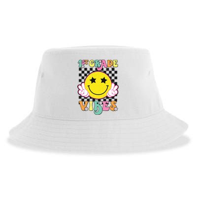 Girl 1st Grade Vibes Smile Face Back To School First Grade Sustainable Bucket Hat