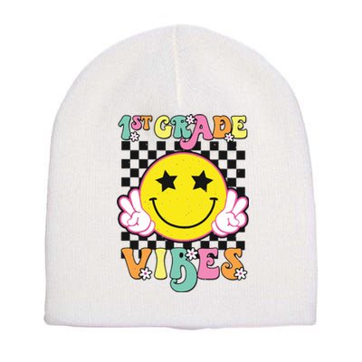 Girl 1st Grade Vibes Smile Face Back To School First Grade Short Acrylic Beanie