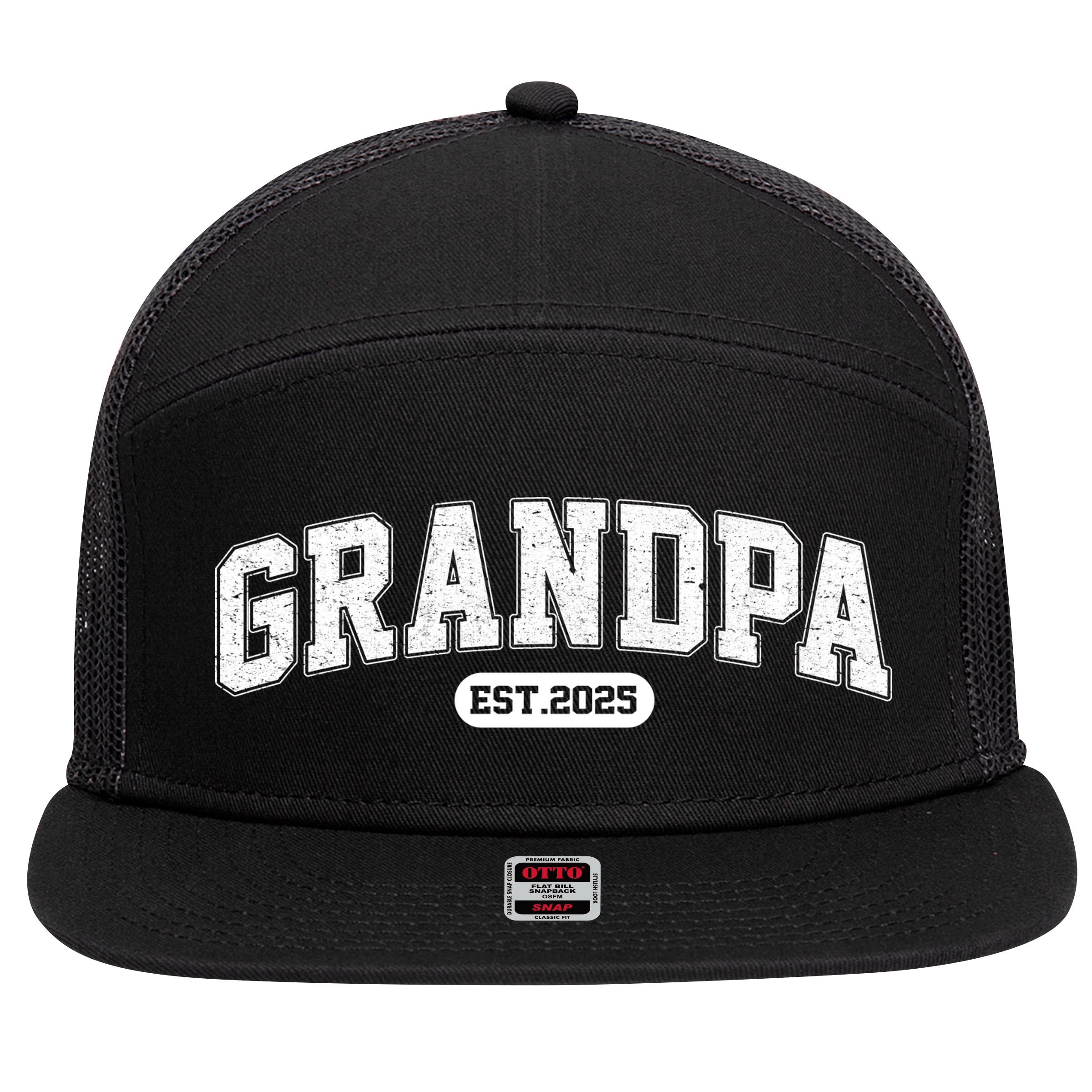 Grandpa 2025 Grandfather Est. 2025 Grandpa Est 2025 7 Panel Mesh Trucker Snapback Hat