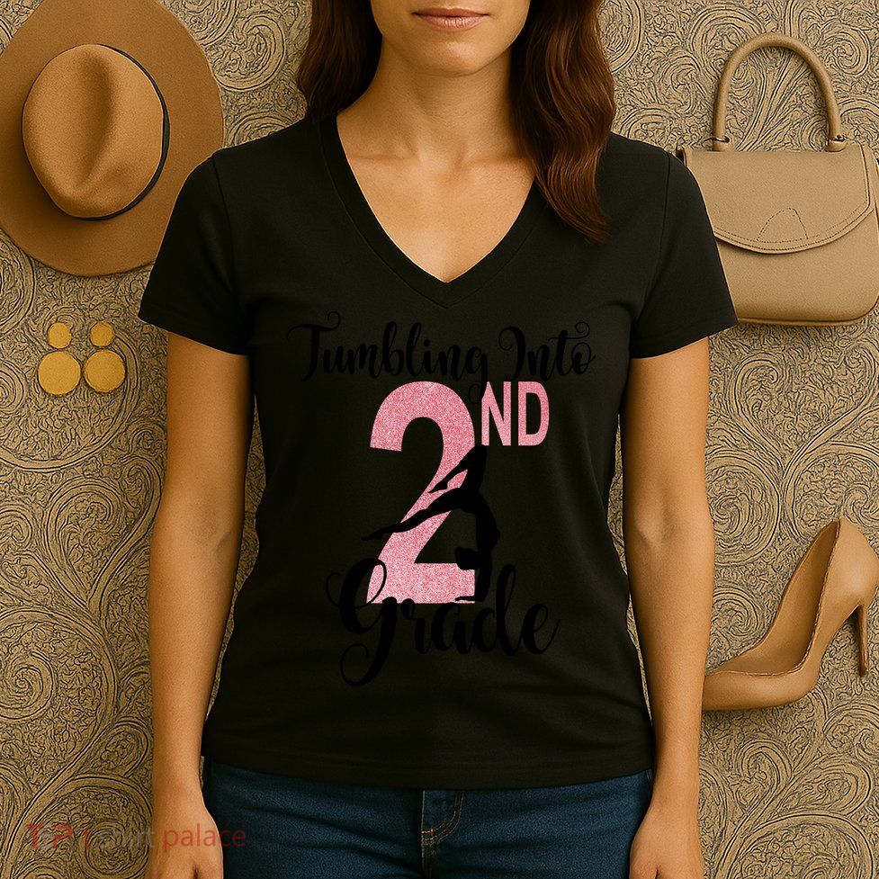 Glitter 2nd Grade Girl Gymnastics Tumble First Day Of School,Kids 1st Day Of Sch Women's V-Neck T-Shirt