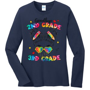 Goodbye 2nd Grade Hello 3rd Grade Messy Bun Teacher Ladies Long Sleeve Shirt