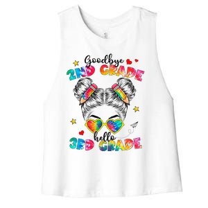 Goodbye 2nd Grade Hello 3rd Grade Messy Bun Teacher Women's Racerback Cropped Tank