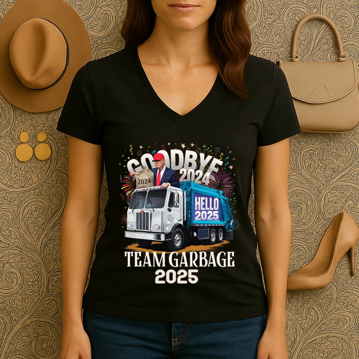 Goodbye 2024 Hello 2025 Happy New Year 2025 Team Garbage Women's V-Neck T-Shirt