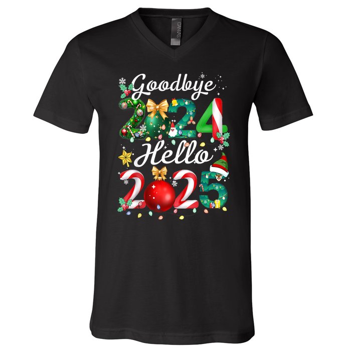 Goodbye 2024 Hello 2025 Merry Christmas Happy New Year 2025 Gift V-Neck T-Shirt