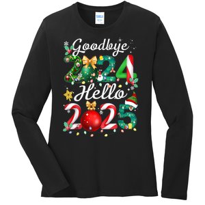 Goodbye 2024 Hello 2025 Merry Christmas Happy New Year 2025 Gift Ladies Long Sleeve Shirt