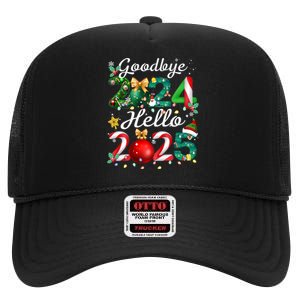 Goodbye 2024 Hello 2025 Merry Christmas Happy New Year 2025 High Crown Mesh Back Trucker Hat