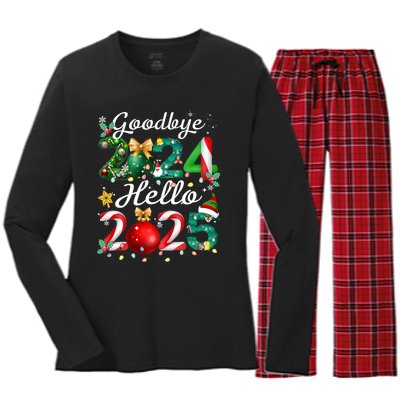 Goodbye 2024 Hello 2025 Merry Christmas Happy New Year 2025 Women's Long Sleeve Flannel Pajama Set 