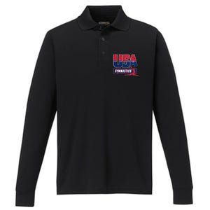 Gymnastics 2024 Us Flag Patriotic American Sports Fan Usa Performance Long Sleeve Polo