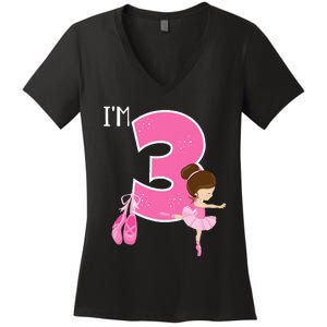 Girl 3 Year Old Ballerina 3rd Birthday Party Ballet Dancer Women's V-Neck T-Shirt