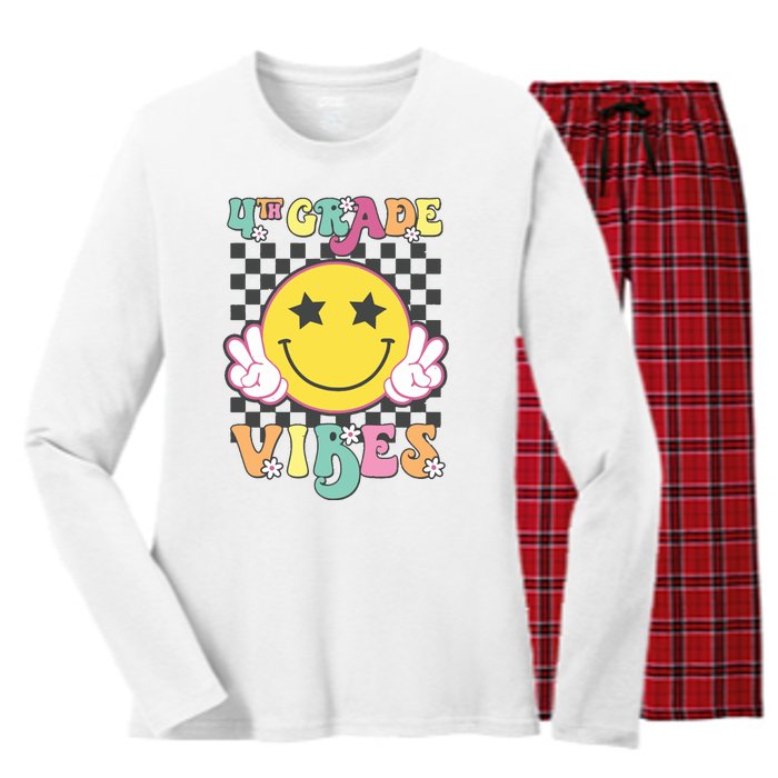 Girl 4th Grade Vibes Smile Face Back To School Fourth Grade Women's Long Sleeve Flannel Pajama Set 