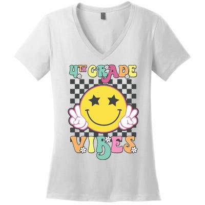 Girl 4th Grade Vibes Smile Face Back To School Fourth Grade Women's V-Neck T-Shirt