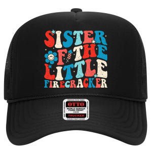 Groovy 4th of July Birthday Sister Of The Little Firecracker High Crown Mesh Back Trucker Hat