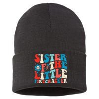 Groovy 4th of July Birthday Sister Of The Little Firecracker Sustainable Knit Beanie