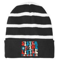 Groovy 4th of July Birthday Sister Of The Little Firecracker Striped Beanie with Solid Band