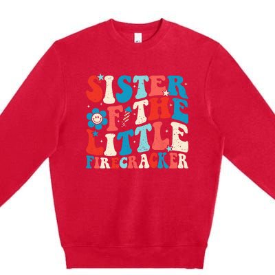 Groovy 4th of July Birthday Sister Of The Little Firecracker Premium Crewneck Sweatshirt