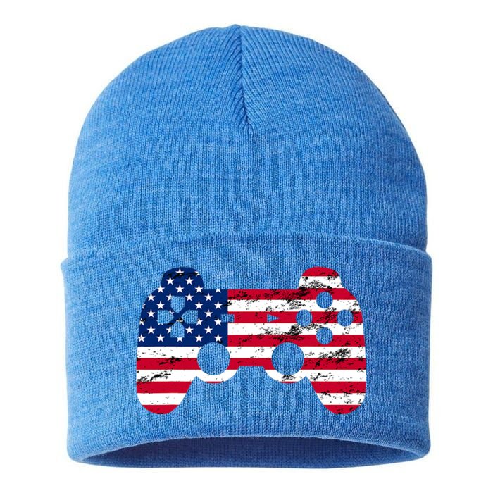 Gamer 4th Of July American Flag Video Game Teens Cute Gift Sustainable Knit Beanie