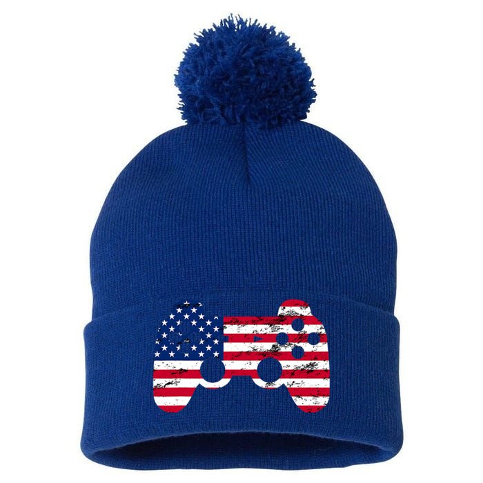 Gamer 4th Of July American Flag Video Game Teens Cute Gift Pom Pom 12in Knit Beanie