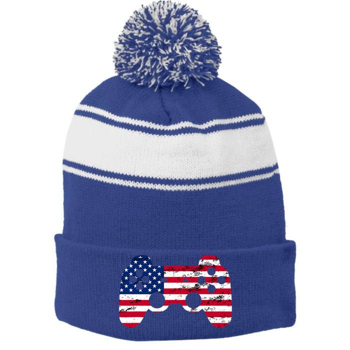 Gamer 4th Of July American Flag Video Game Teens Cute Gift Stripe Pom Pom Beanie