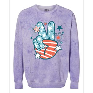 Groovy 4th Of July Peace Hand Sign USA Flag Freedom Colorblast Crewneck Sweatshirt