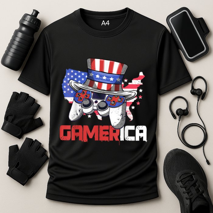 Gamer 4th Of July Boy Men Controller USA Flag Cooling Performance Crew T-Shirt