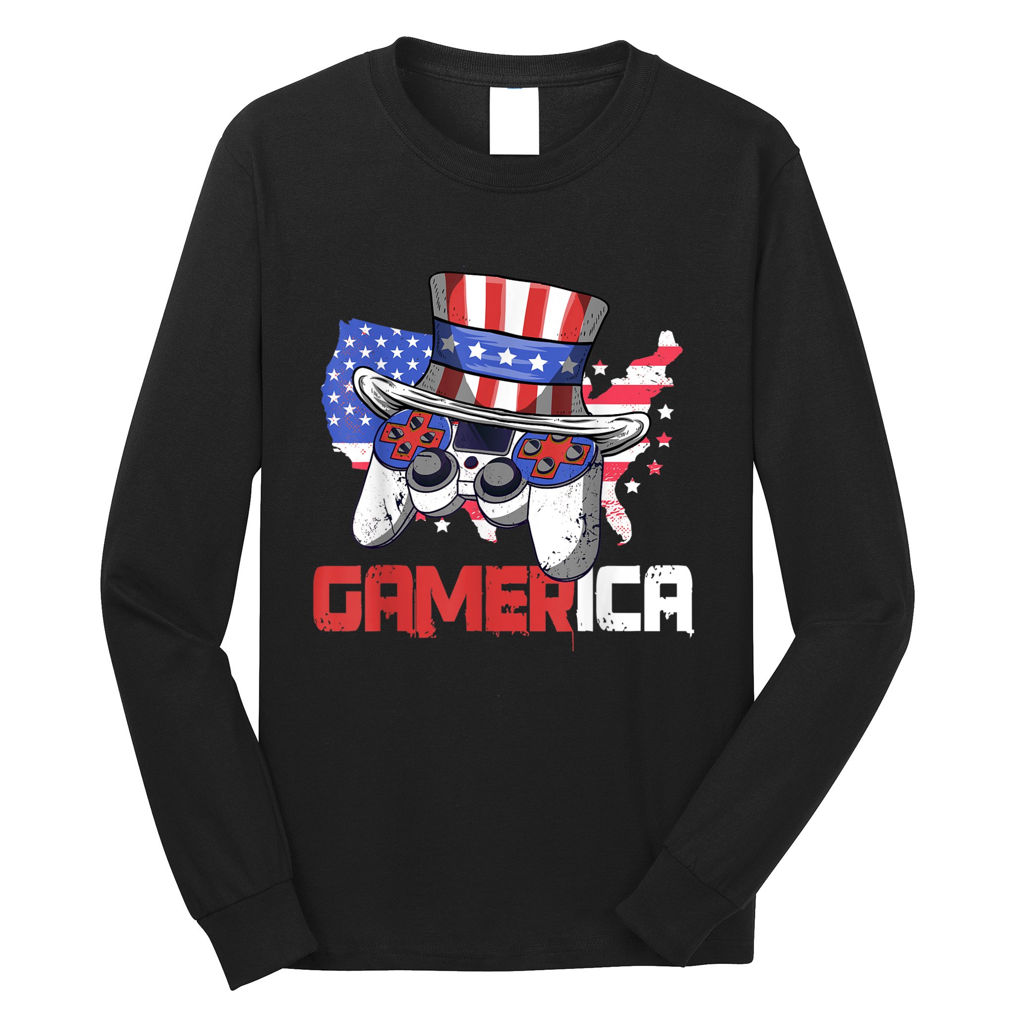 Gamer 4th Of July Boy Men Controller USA Flag Long Sleeve Shirt