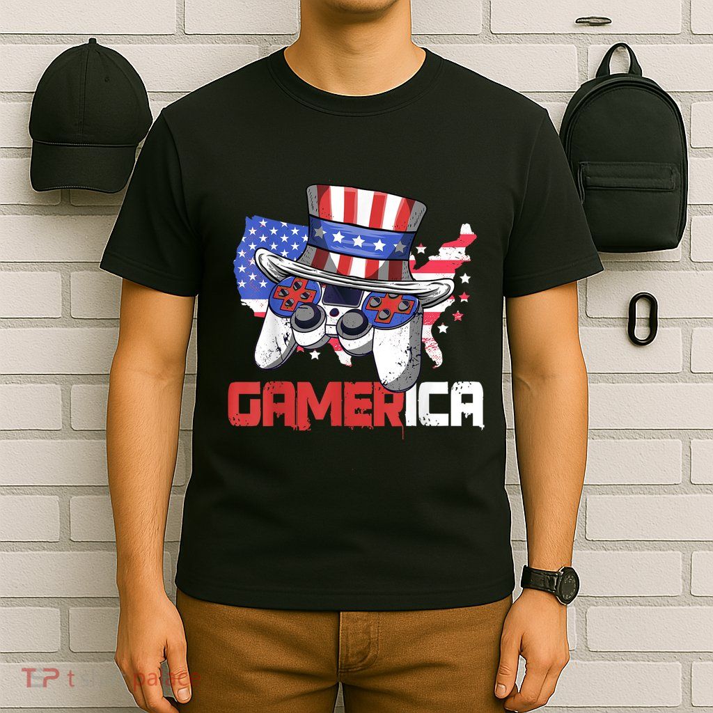 Gamer 4th Of July Boy Men Controller USA Flag T-Shirt