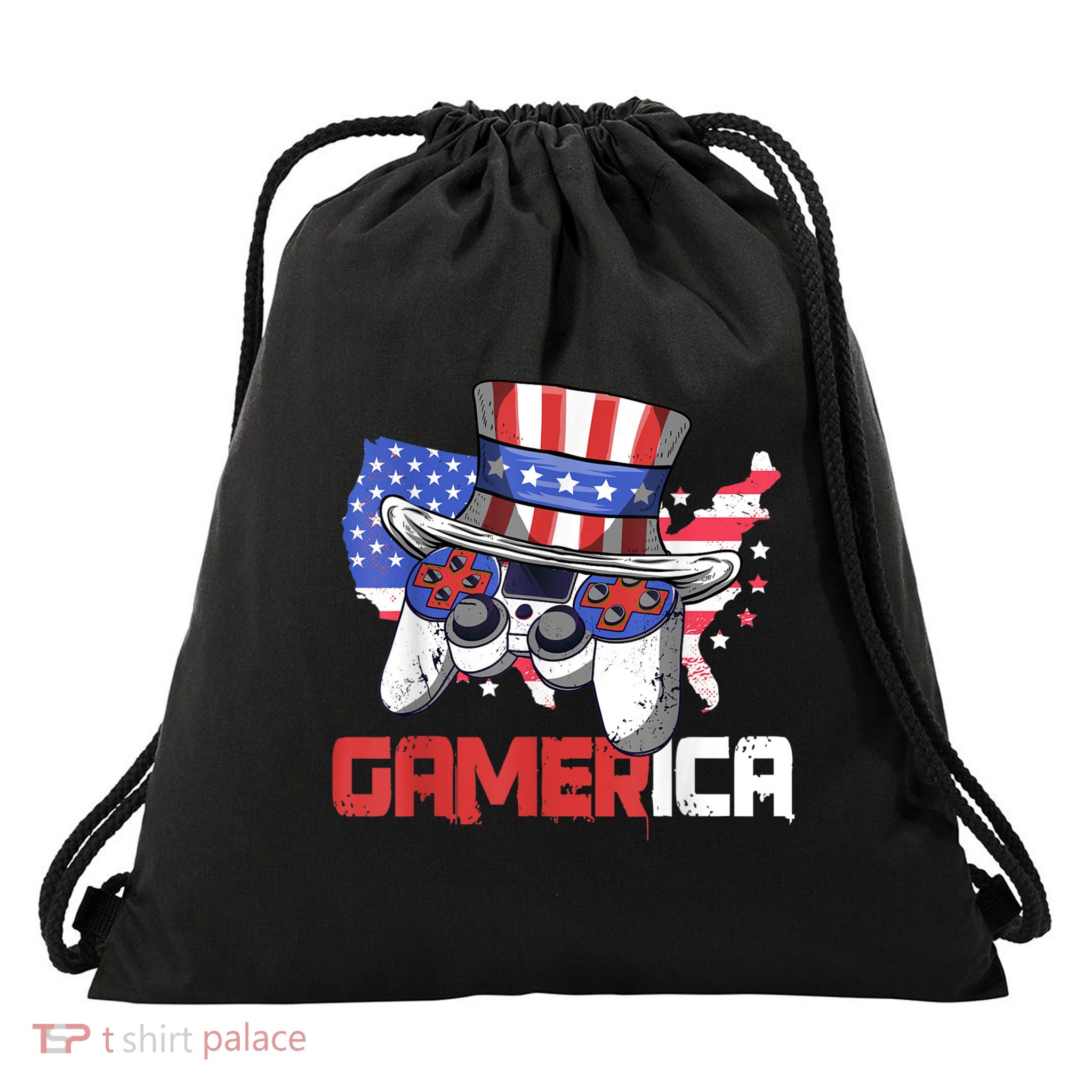 Gamer 4th Of July Boy Men Controller USA Flag Drawstring Bag