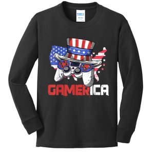 Gamer 4th Of July Boy Men Controller USA Flag Kids Long Sleeve Shirt