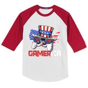 Gamer 4th Of July Boy Men Controller USA Flag Kids Colorblock Raglan Jersey