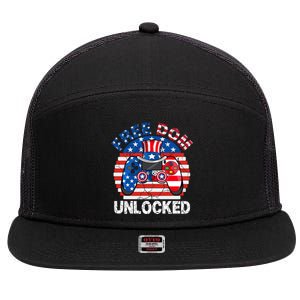 Gamer 4th Of July Freedom Unlocked Video Games Teens Great Gift 7 Panel Mesh Trucker Snapback Hat