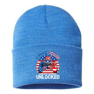 Gamer 4th Of July Freedom Unlocked Video Games Teens Great Gift Sustainable Knit Beanie