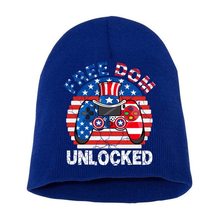 Gamer 4th Of July Freedom Unlocked Video Games Teens Great Gift Short Acrylic Beanie