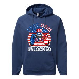 Gamer 4th Of July Freedom Unlocked Video Games Teens Great Gift Performance Fleece Hoodie