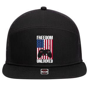 Gamer 4th Of July Freedom Unlocked Video Games Gift 7 Panel Mesh Trucker Snapback Hat