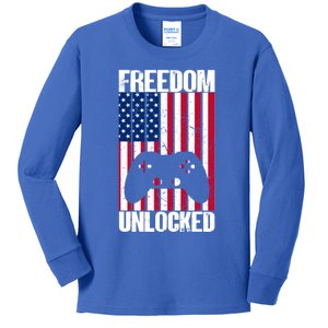 Gamer 4th Of July Freedom Unlocked Video Games Gift Kids Long Sleeve Shirt