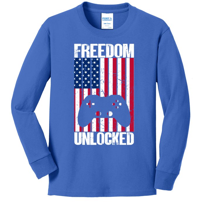 Gamer 4th Of July Freedom Unlocked Video Games Gift Kids Long Sleeve Shirt