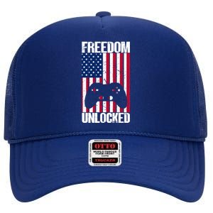 Gamer 4th Of July Freedom Unlocked Video Games Gift High Crown Mesh Back Trucker Hat