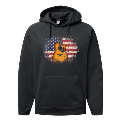 Guitar 4th Of July Gift American Flag USA Country Music Performance Fleece Hoodie