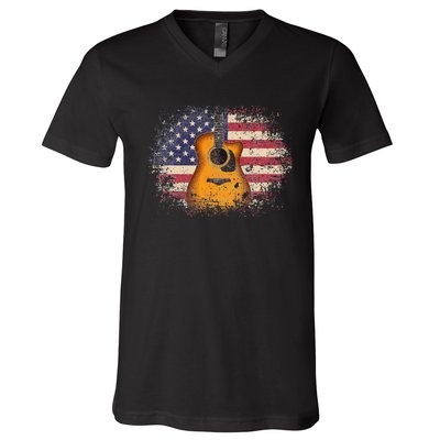 Guitar 4th Of July Gift American Flag USA Country Music V-Neck T-Shirt