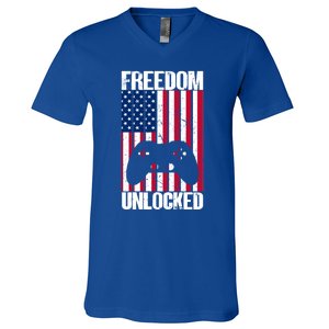 Gamer 4th Of July Freedom Unlocked Video Games Gift V-Neck T-Shirt