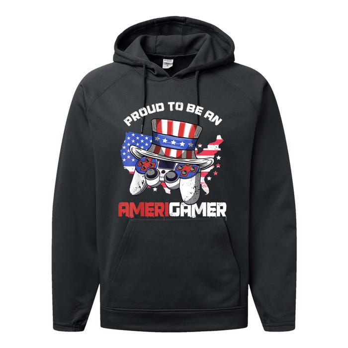 Gamer 4th Of July Gift Funny Controller American Flag Performance Fleece Hoodie