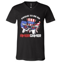 Gamer 4th Of July Gift Funny Controller American Flag V-Neck T-Shirt