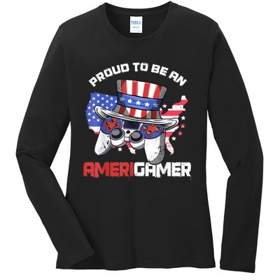 Gamer 4th Of July Gift Funny Controller American Flag Ladies Long Sleeve Shirt