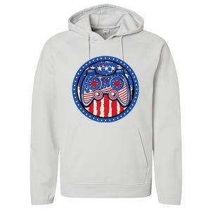 Gamer 4th of July American Flag Video Game Controller Performance Fleece Hoodie