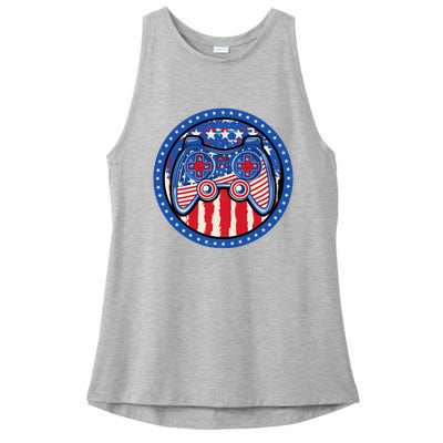 Gamer 4th of July American Flag Video Game Controller Ladies PosiCharge Tri-Blend Wicking Tank