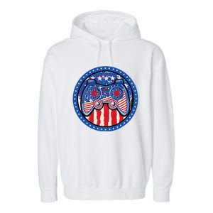 Gamer 4th of July American Flag Video Game Controller Garment-Dyed Fleece Hoodie