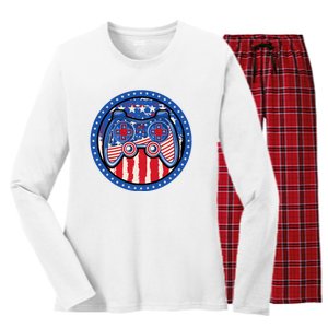 Gamer 4th of July American Flag Video Game Controller Women's Long Sleeve Flannel Pajama Set 